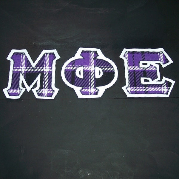 Mu Phi Epsilon Shirt -- Purple Plaid on White Twill