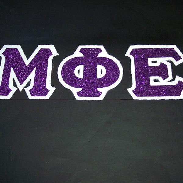 Mu Phi Epsilon Shirt -- Purple Glitter on White Twill