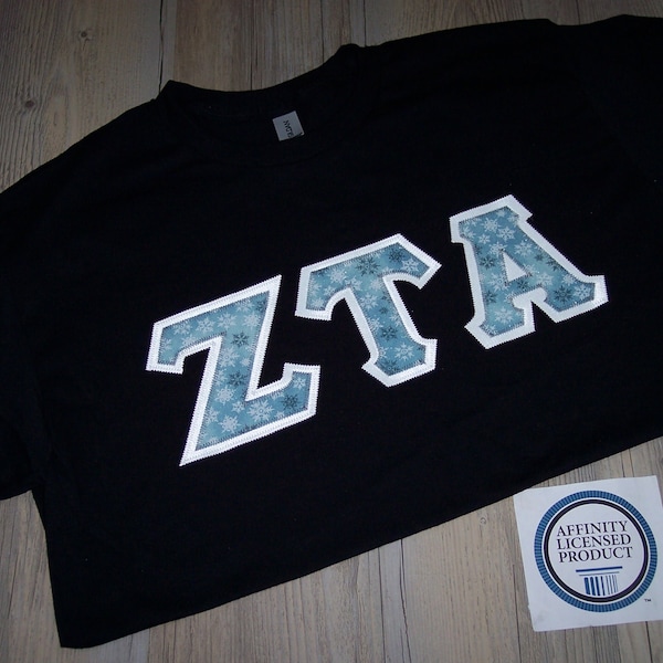 Zeta Tau Alpha Shirt -- Blue Snowflakes on White Twill