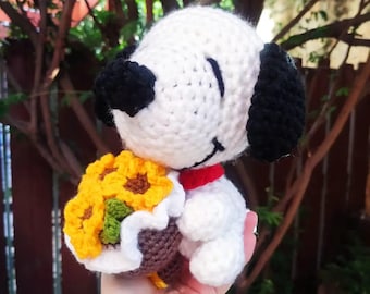 Handmade Crochet White Beagle Plush - Amigurumi Classic Cartoon Dog - Nostalgic Comic Dog Stuffed Animal - Cute Puppy with Red Collar Gift