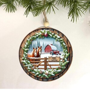Custom Horse Farm Christmas Ornament Gift, Personalized Equestrian Gift Tag, Red Barn Farmhouse Custom Name Gift, Keepsake Gift for Family