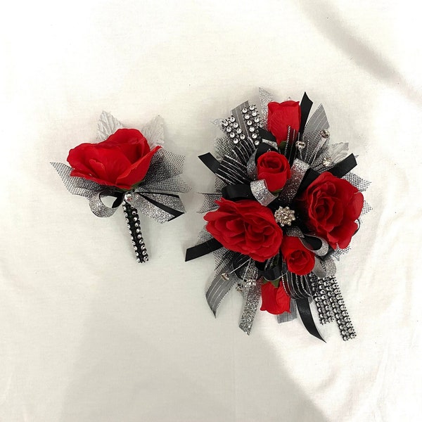 Red Wrist Corsage for Prom, Red and Black Corsage and Boutonniere Set for School Dance, Red and Black Wrist Corsage for Homecoming