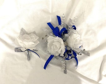 Royal Blue Wrist Corsage and Boutonniere Set for Prom, Blue and Silver Corsage and Boutonniere Set for School Dance, Corsage for Homecoming