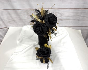 Black and Gold Wrist Corsage and Boutonniere, Silk Rose Prom Flowers, Homecoming Bouquet