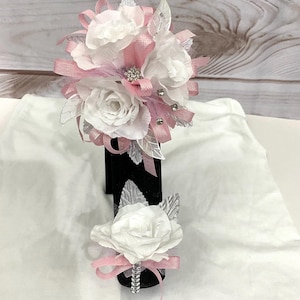 Pink and Silver Corsage and Boutonniere Set for Prom, Flower Bracelet for Homecoming, Bling Wrist Corsage for Dance, Anniversary Silk Flower