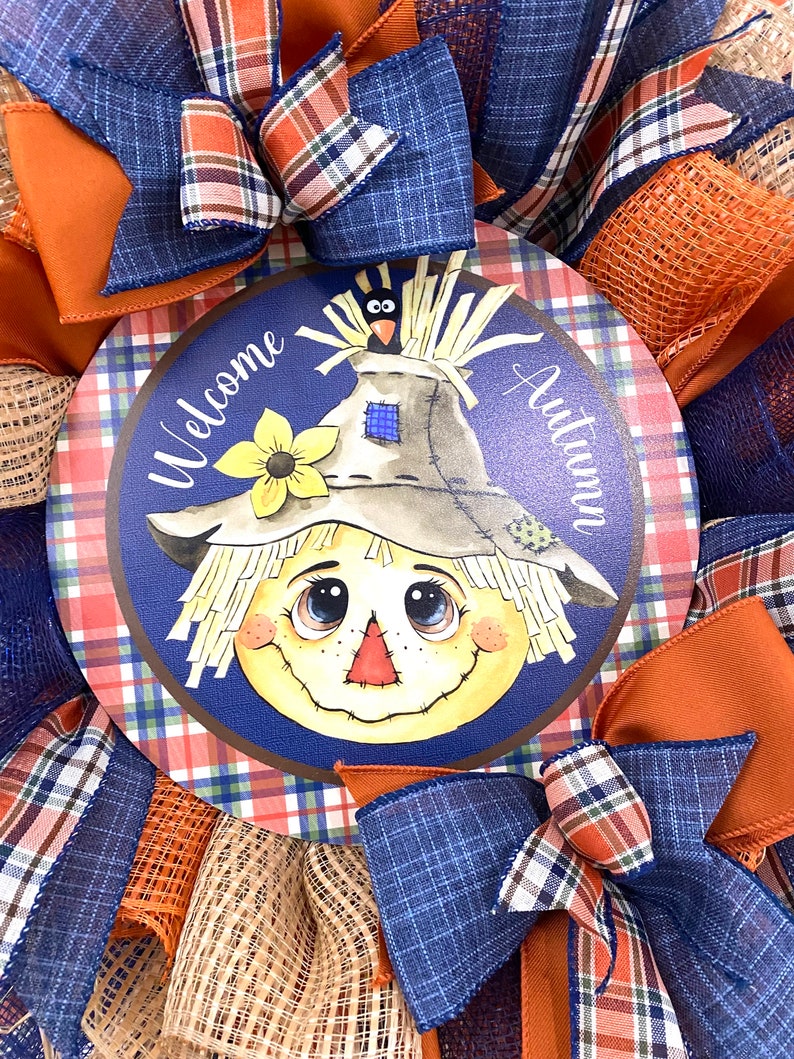 Blue and Orange Scarecrow Wreath for Front Door, Halloween Wreath