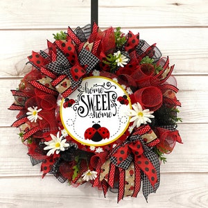 Ladybug Wreath for Front Door, Home Sweet Home Porch Decoration, Door Hanger with Daisies, Kitchen Wall Decor Ladybug, Gift for New Home