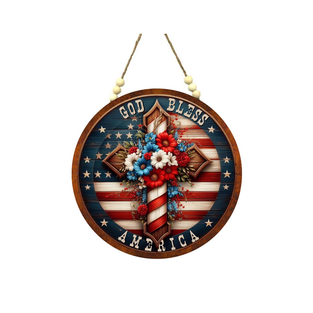 Patriotic Wall Sign With Cross, Stars and Stripes Home Decor, Red White