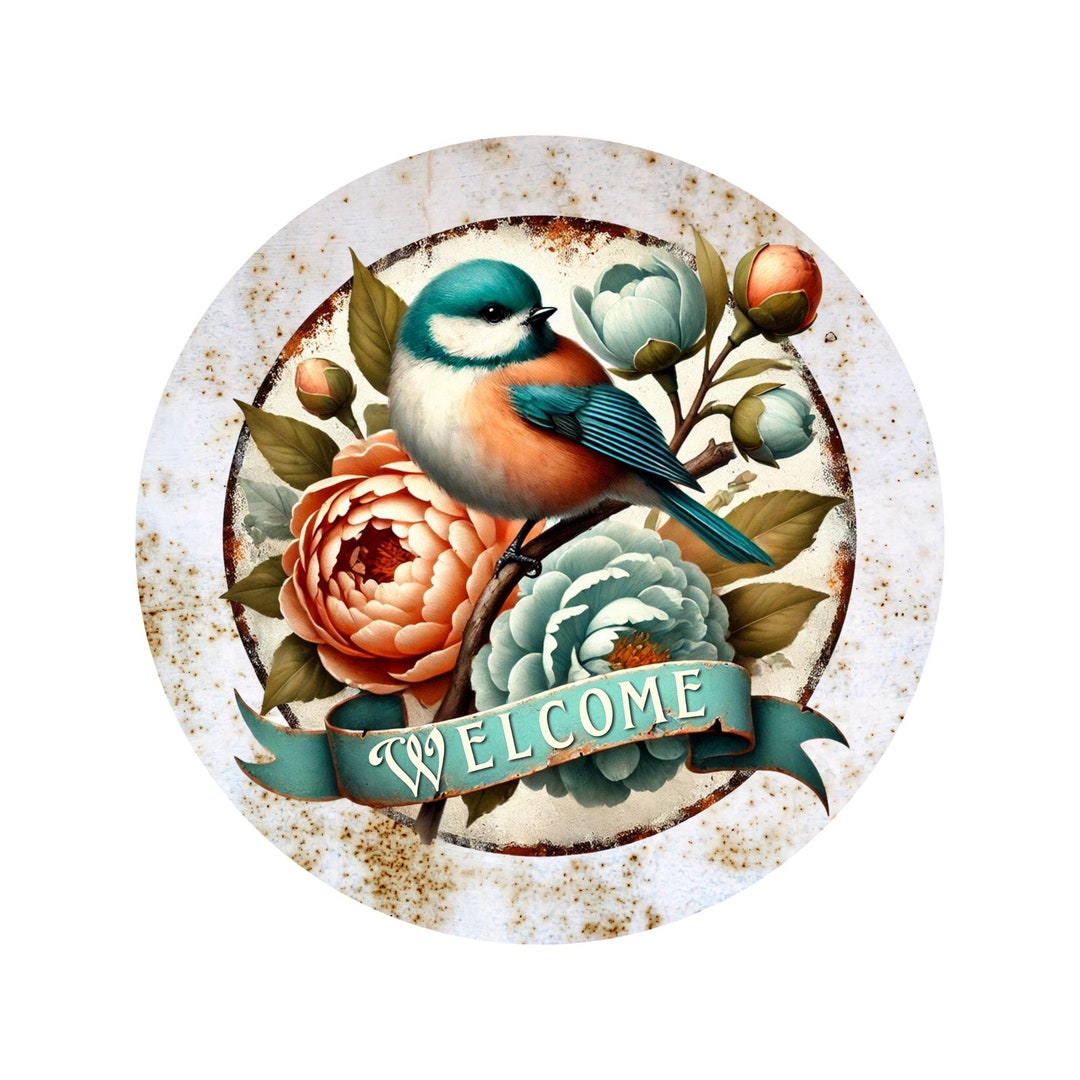 Rustic Welcome Chubby Bird Sign: Peony Floral Aluminum Wreath Decor ...
