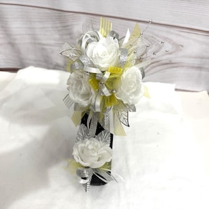 White Rose Corsage Boutonniere Set: Yellow & Silver Prom Flowers