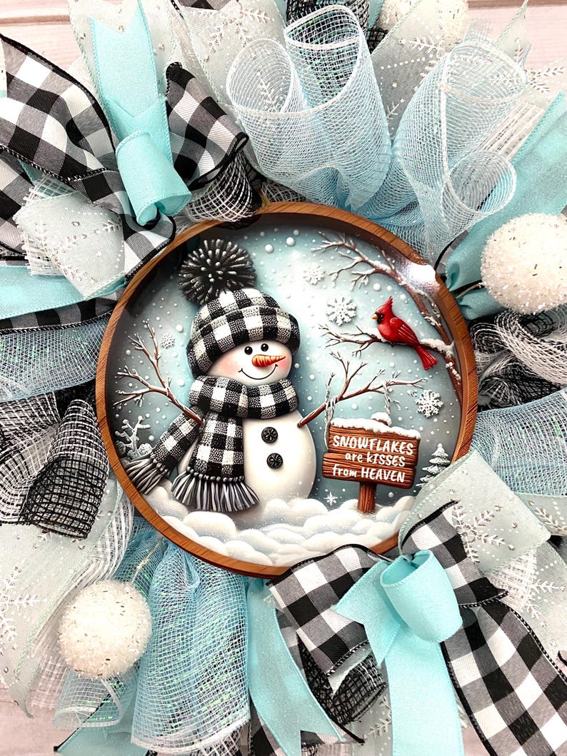 Blue and White Snowman Wreath for Front Door, Buffalo Plaid Winter Door