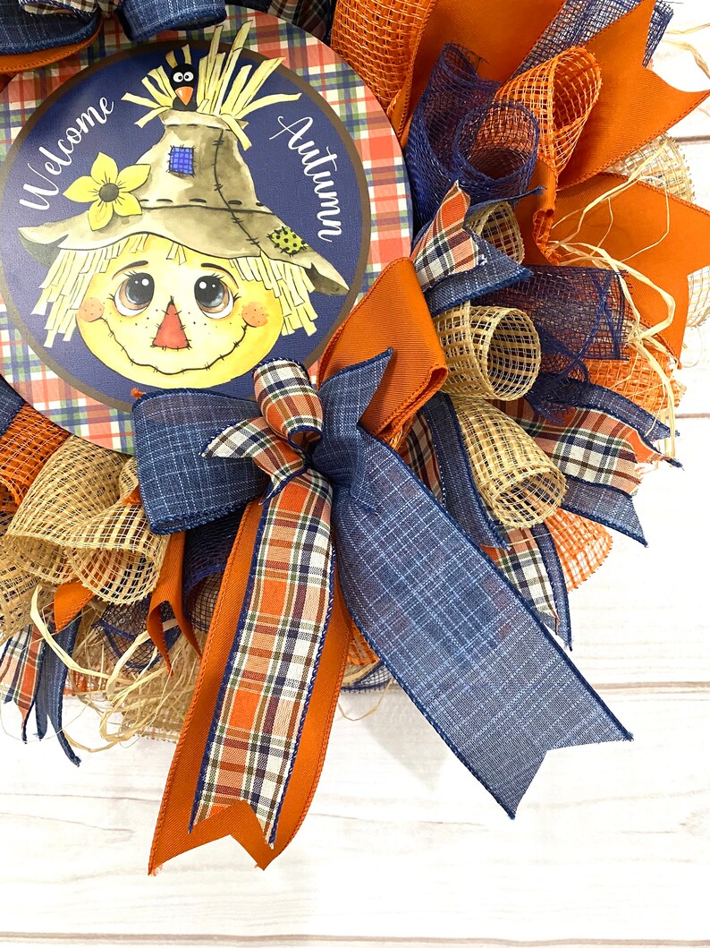 Blue and Orange Scarecrow Wreath for Front Door, Halloween Wreath