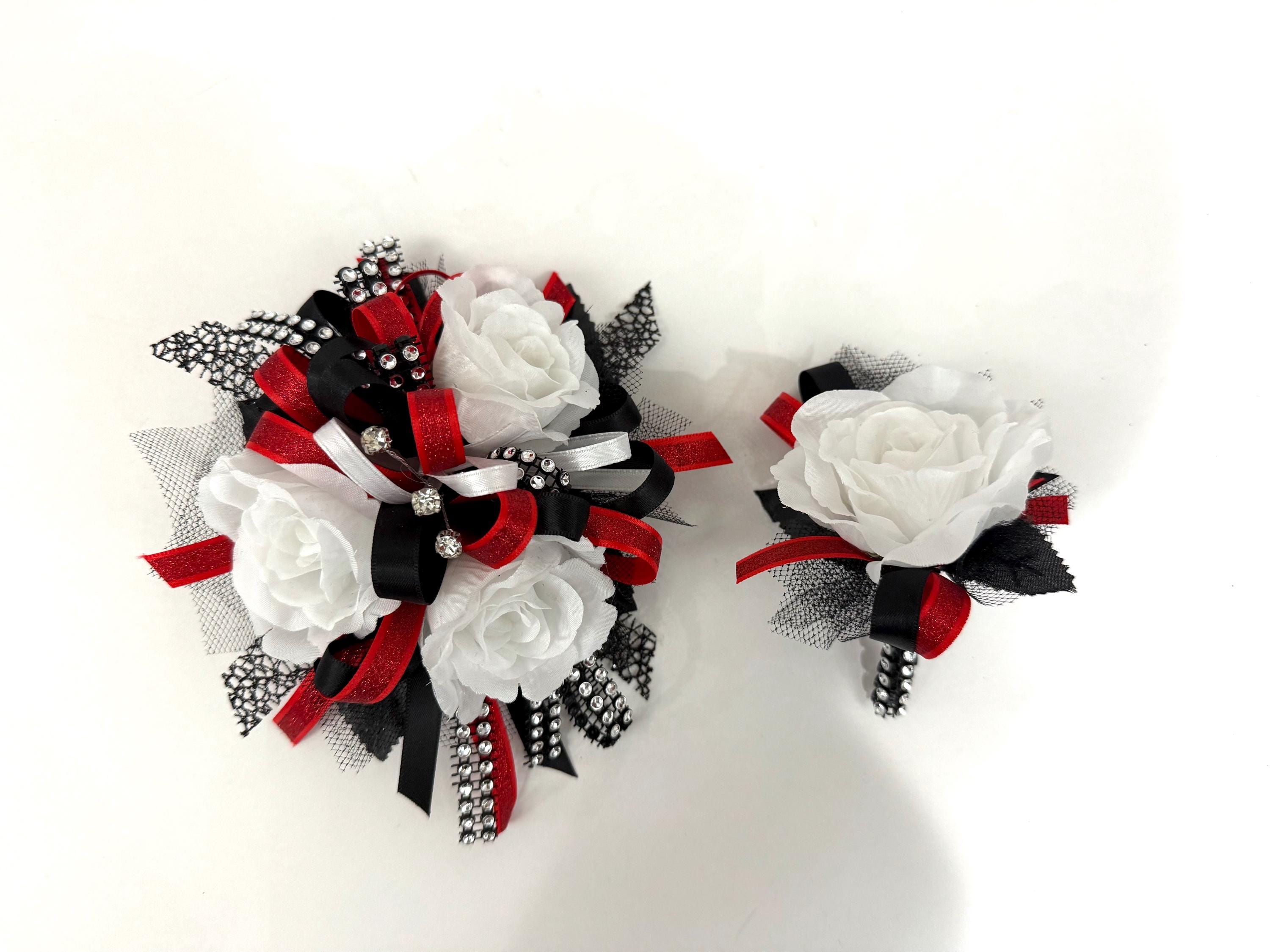 Red Black and White Corsage and Boutonniere Set for Prom, Flower Bracelet for Homecoming, Red and Black Formal Dance Flowers, Prom Bouquet