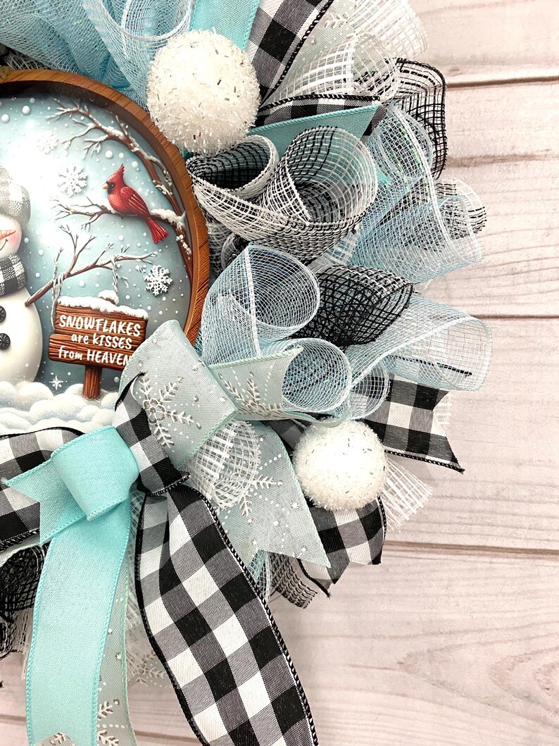 Blue and White Snowman Wreath for Front Door, Buffalo Plaid Winter Door