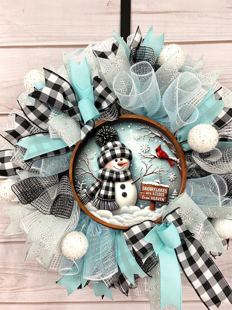 Blue and White Snowman Wreath for Front Door, Buffalo Plaid Winter Door