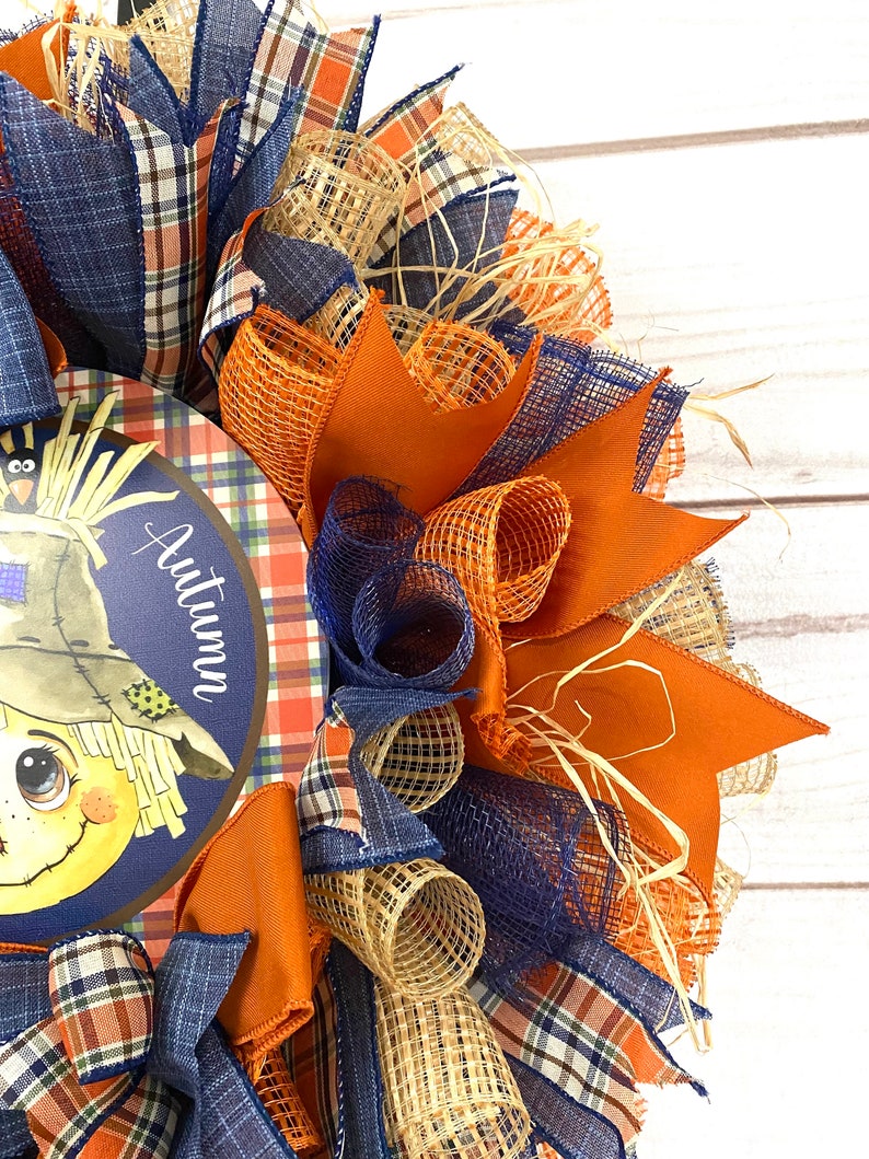 Blue and Orange Scarecrow Wreath for Front Door, Halloween Wreath