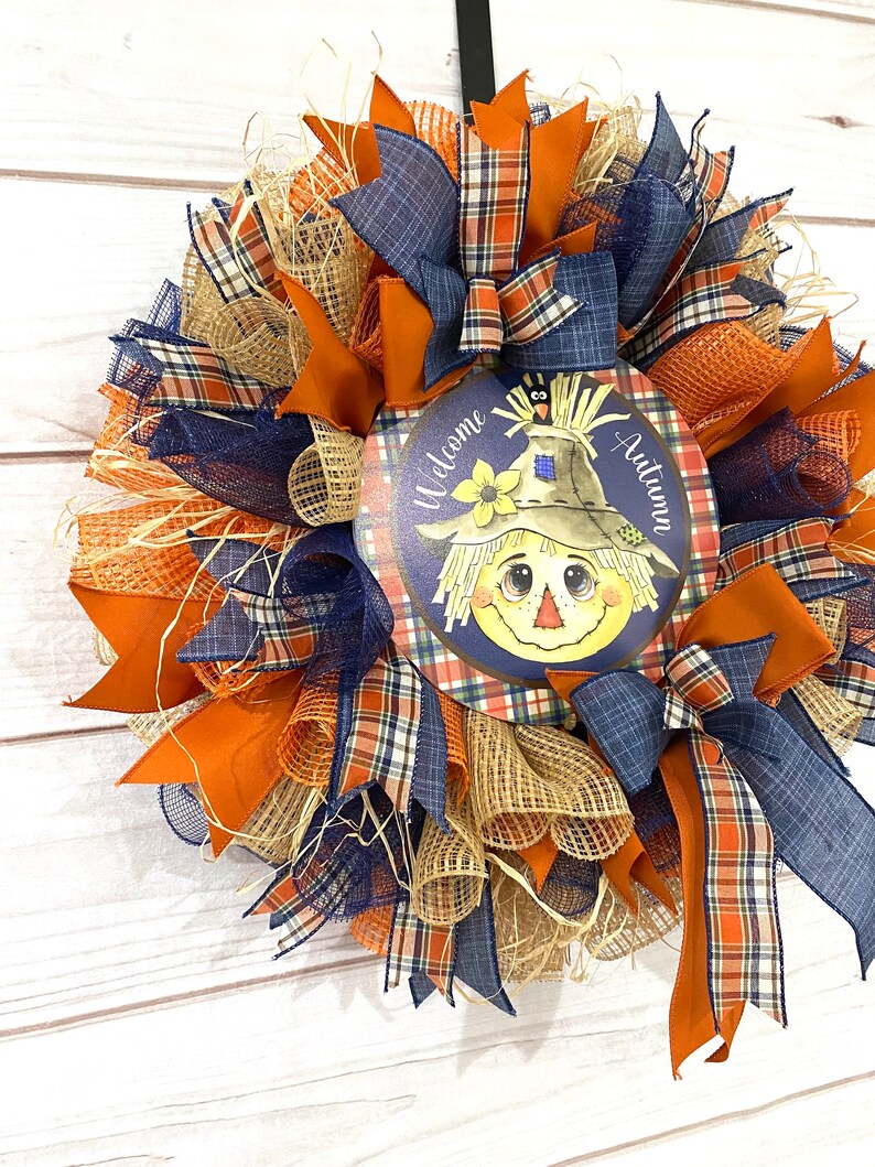 Blue and Orange Scarecrow Wreath for Front Door, Halloween Wreath