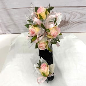 Pink Rose Corsage and Boutonniere Set for Prom, Flower Bracelet for Homecoming, Bridal Shower Corsage, Formal Dance, Anniversary Flower