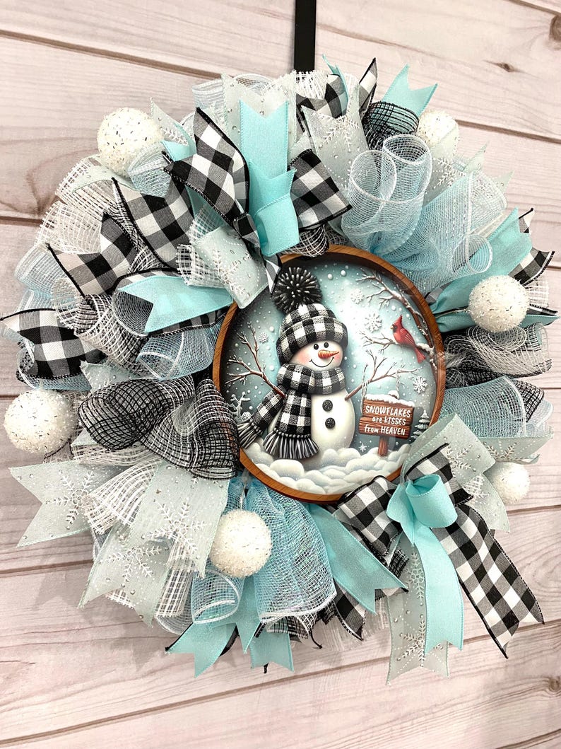 Blue and White Snowman Wreath for Front Door, Buffalo Plaid Winter Door