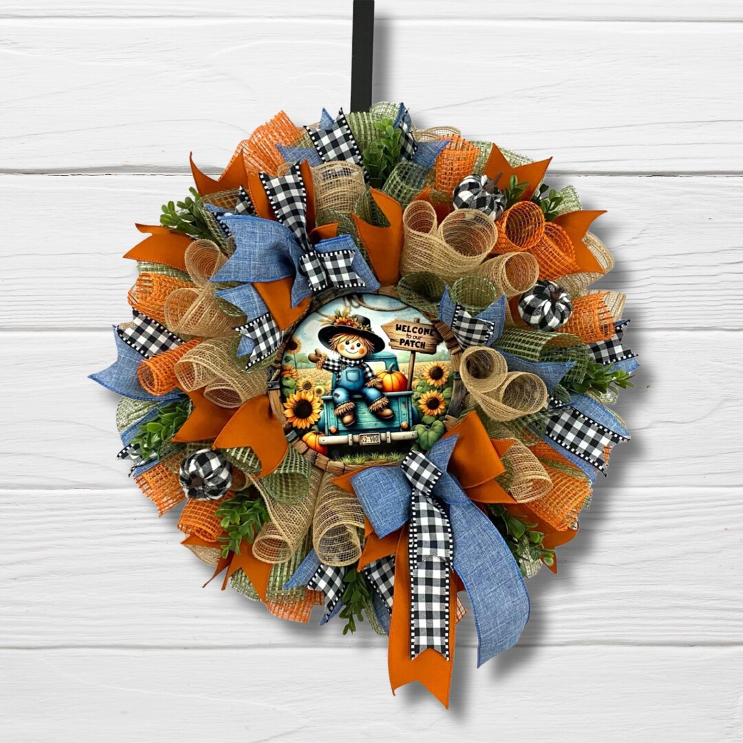 Scarecrow Pumpkin Wreath: Fall Farmhouse Door Hanger, Autumn Decor - Etsy
