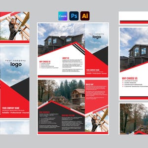 Könnte beinhalten: Eine dreifach gefaltete Broschürenvorlage für eine Dachdeckerfirma in den Farben Rot, Schwarz und Weiß. Das Design enthält Fotos von Wohnhäusern und einem Dachdecker bei der Arbeit sowie Platzhalter für ein Firmenlogo und Text.