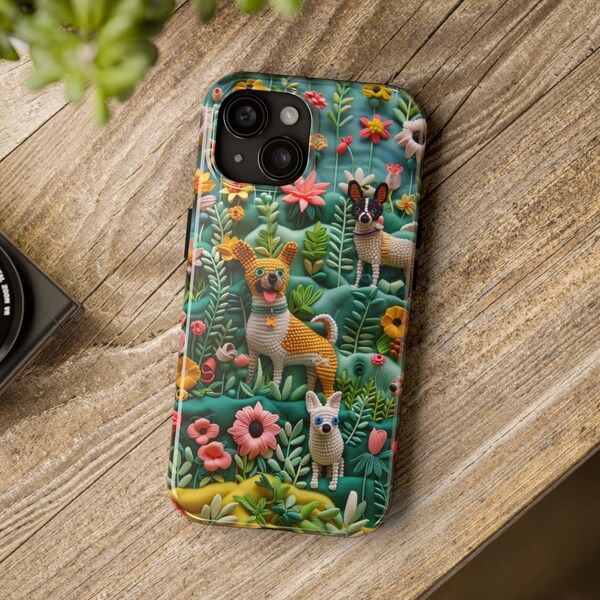 Dogs and Flowers | Durable 2-Piece Design Tough Phone Case | Colorful 3D Look Yarn and Thread for iPhone | Dog Lovers Gift