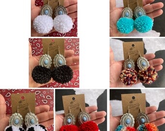 Concho Pom Pom Earrings, Handmade Pom Pom Earrings, Cow Print Poms, Western Earrings, Turquoise Concho, Concho Earrings