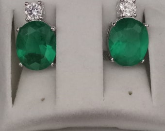 Vintage 1990s Emerald Cubic Zirconia Diamond and Silver Earrings Lab Created Stones Post Stud Back Gorgeous Green Gift For Her