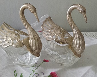 Vintage French Crystal and Silver Swan Salt Cellers Set Beautiful Open Wings Expires September 8th