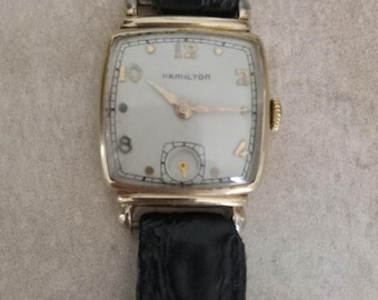 Vintage 1940s Hamilton Norman Wristwatch 14K Gold Filled 19Jewel Cushion Shape Case Smooth Movement Runs Smooth