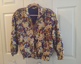 Vintage 1990s FUDA  International 2 Layer Silk Purple Floral Foliage Jacket Windbreaker  Womens Size Medium Like New