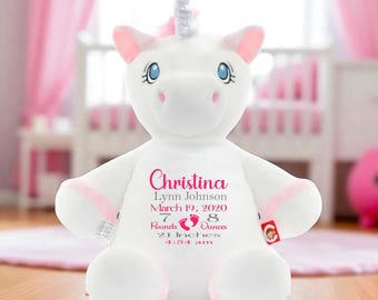 Personalized Baby Birth Stats Unicorn Plush: Keepsake Stuffed Animal