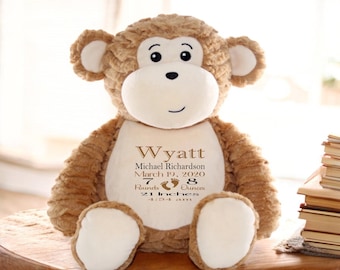 Personalized Birth Stat Monkey Plush, Baby Shower Gift