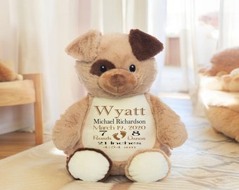 Personalized Birth Stat Plush Dog: Baby Keepsake Gift