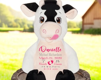 Personalized Birth Stat Cow Plush: Baby Keepsake Gift