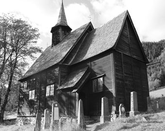 Lomen Stave Church, Norway (Black and White), Photograph, Print, Fine Art Print, Greeting Card, Stavkyrkje, Medieval, Gothic, Dark Academia