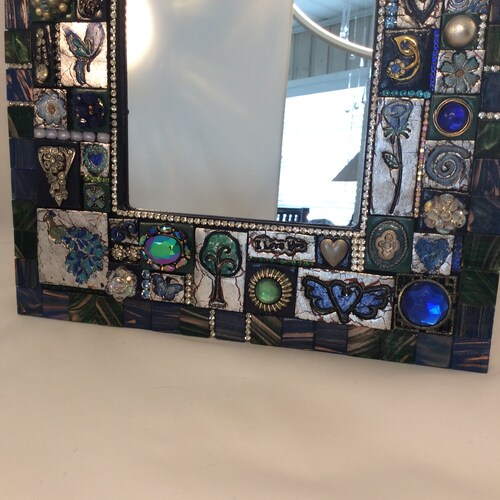 Peacock Framed Wall Mirror Sparkly Vintage Jewelry Embedded in Polymer shops Clay Tiles