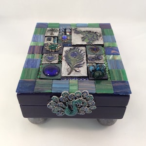 Peacock Upcycled Treasure Box Topped with Polymer Clay Tiles & Vintage Jewelry