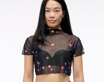 The Star Confetti Crop Top | Sheer Mesh Shirt in Black with Pink and Purple Stars | Goose Taffy