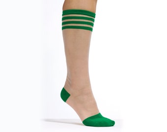 The Sheer Varsity Knee High Socks | Green Striped Vintage Inspired Knee High Hosiery | Cool Clear Knit 60s Inspired Style | Goose Taffy