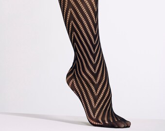 The Psychedelic Zig Zag Knee High Tights | Black Fishnet Style Hosiery | Cool Jacquard Knit 60s Inspired Style | Goose Taffy