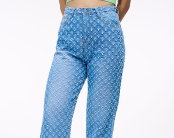 The Star Crossed Jeans / Tus nuevos pantalones favoritos / Ajustado ajustado desenvuelto medio lavado con cintura alta y detalle de corte total / Goose Taffy