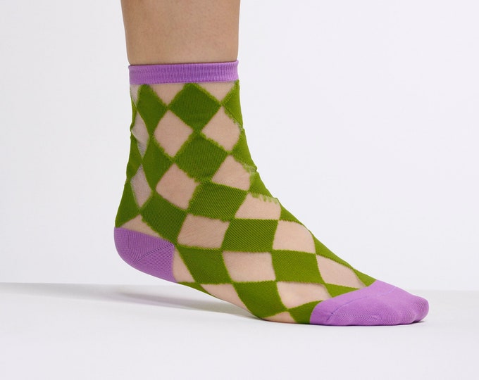 The Semi Sheer Diamond Check Socks | Green and Purple and Sheer | Half Cutout Invisible Thread Socks | Goose Taffy