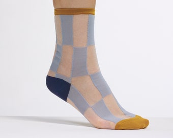 The Semi Sheer Checkered Socks | Blue and Yellow | Half Cutout Invisible Thread Socks | Goose Taffy