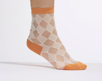 The Semi Sheer Diamond Check Socks | White Orange and Sheer | Half Cutout Invisible Thread Socks | Goose Taffy