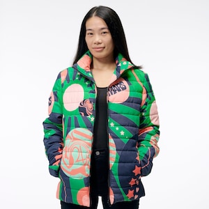The Planetary Sun Beam Jacket A Psychedelic Design for the Intergalactic Quilted Zippered Jacket in Green and Red Artwork Goose Taffy image 1