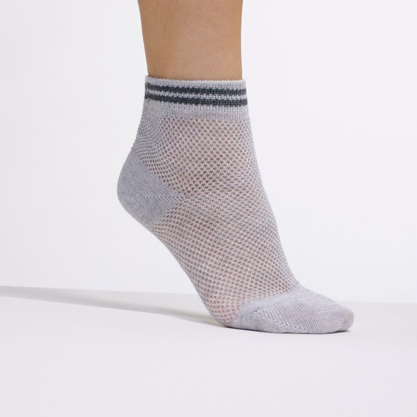 The Mesh Varsity Socks | Gray | Vintage Inspired 40s 50s 60s Style Sock | Ankle Socks in Gray with Navy Blue Stripes | Goose Taffy