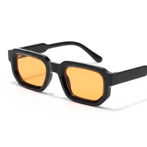 The Perfect Angled Sunglasses | Mens Black Frames with Orange Lenses | Square 90s y2k Raver Style Aesthetic Non Prescription