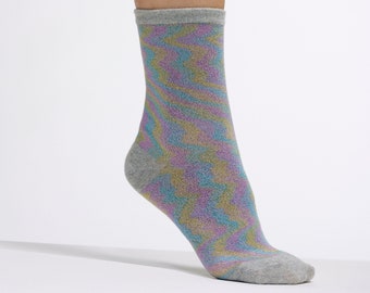 The Silver Holo Oil Slick Socks | Cozy and Sensible Yet Shiny Rainbow | Athletic Gray with Sparkly Oil Slick Effect | Goose Taffy