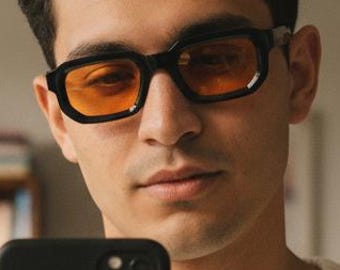 The Perfect Angled Sunglasses | Mens Black Frames with Orange Lenses | Square 90s y2k Raver Style Aesthetic Non Prescription